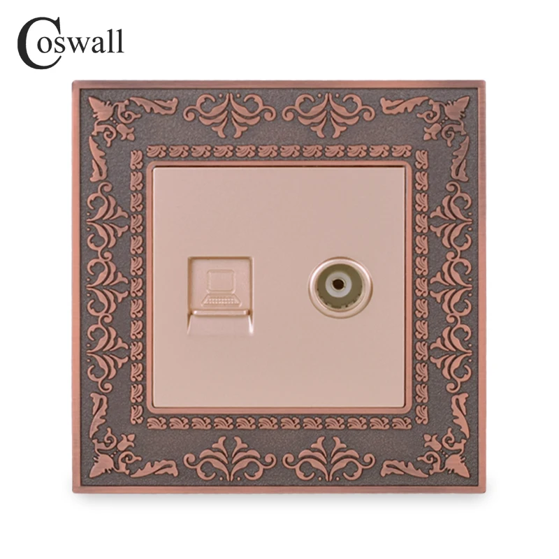 Coswall Embossing Retro Zinc Alloy Panel Wall Socket Female TV Jack With CAT5E RJ45 Internet Data Computer Connector AC 110~250V