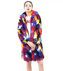 Шикарная модная женская зимняя парка меховое пальто разноцветный Длинный плащ из искусственного кроличьего меха Меховая куртка верхняя