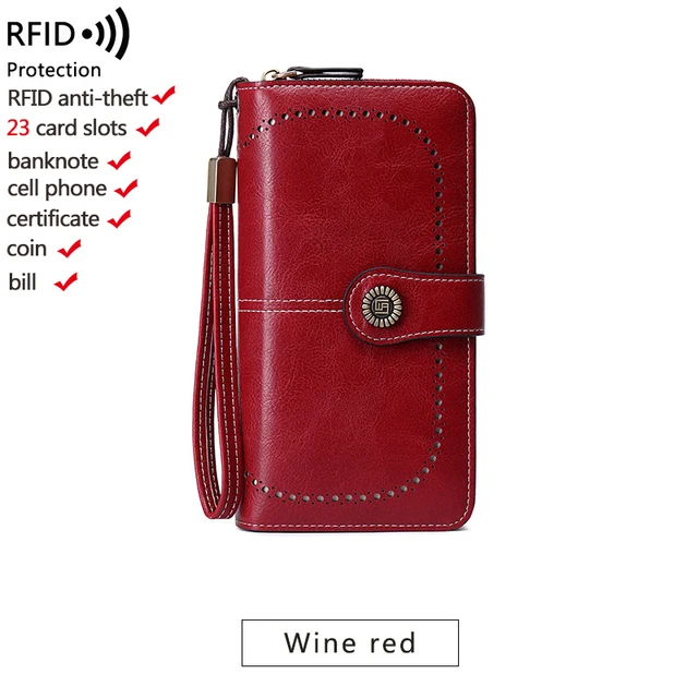 High Quality Women Wallet RFID Anti-theft Leather Wallets For Woman Long Zipper Large Ladies Clutch Bag Female Purse Card Holder w005-wine red