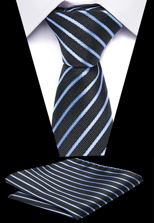 

Fashion Mens Tie Handkerchief Set Jacquard Woven Silk Neck Tie 7.5cm Black Striped Tie Set for Men Suit Business Wedding Party