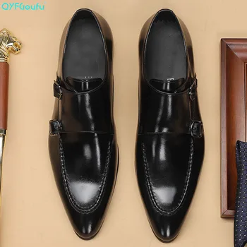 

QYFCIOUFU British Style Pointed Toe Formal Shoes Men Dress Shoes Fashion Buckle Straps Wedding Shoes Men Slip On Leather Shoes