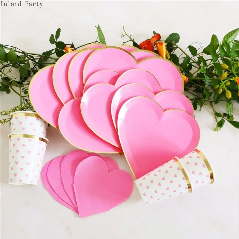 

8pcs 9inch Disposable Tableware Set Disposable Paper Plate Cute Pink Love Shape for Wedding Birthday Decoration Party Supplies