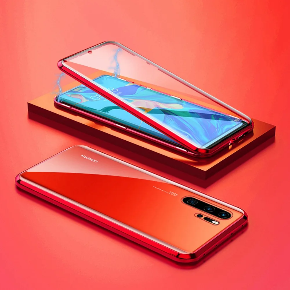 Heyytle обновленная двухсторонняя, для стекла Магнитный чехол для huawei P20 P30 Pro mate 20 металлический магнитный чехол для Honor 10 Y9 360 Полное покрытие - Цвет: Transparent Red
