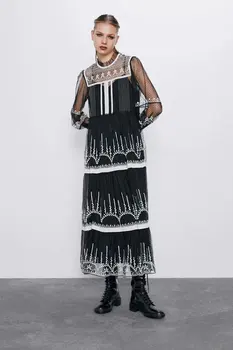 

2020 Spring Summer New Grand Prix Embroidery Tulle black zaraing women Dress sheining vadiming female Embroidered dress CDC9487