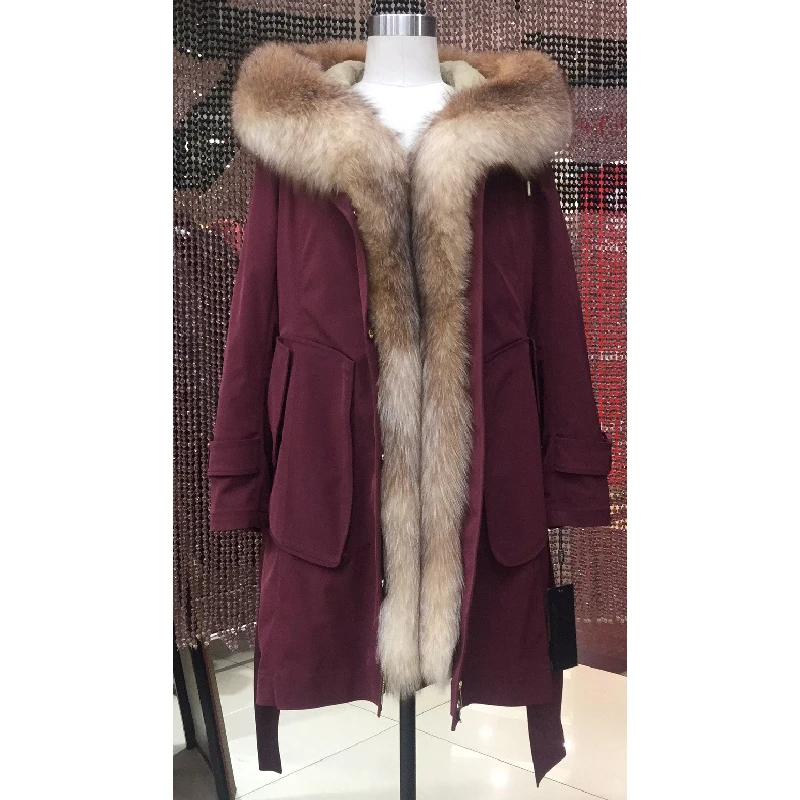 

Women winter long parka coat jacket hooded fox raccoon collar detachable rabbit lining 9-19808