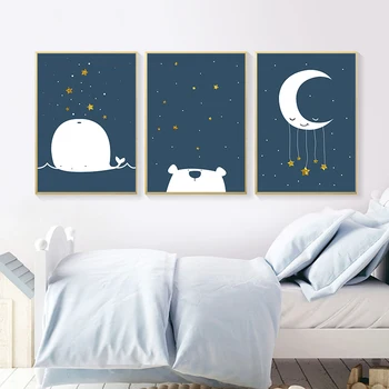 

Baby Nursery Canvas Poster Cartoon Whale Moon Wall Art Print Minimalist Painting Decoration Picture Nordic Kid Boy Bedroom Deco