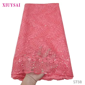 

XIUYSAI African Net Lace Fabric 2020 High Quality Lace Nigerian Sequins Lace Fabrics Peach French Tulle lace SL738