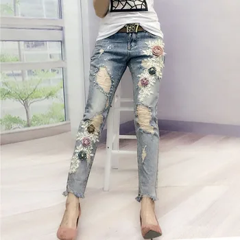 

Wash Denim Pants Woman Holes Burrs Jeans 2020 Spring Summer Loose Cool Nine Pants Ladies Jeans Ripped Jean Pants Women