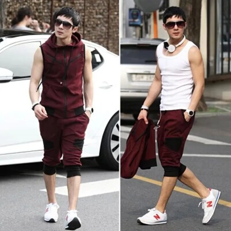 

Hooded Summer Men's Sleeveless Set Fashion Men M-4xl Mixed Colors Hoodie Capri Pants Sports Clothing Set