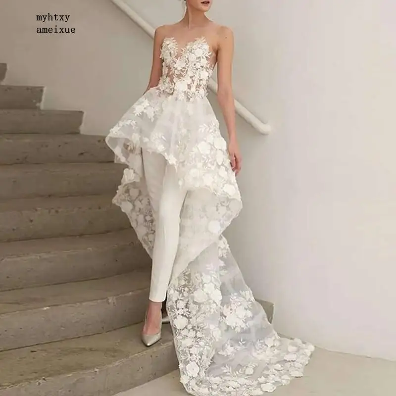 

Modern Bridal Dress Boho Plus Size Wedding Dress 2023 O-neck Appliques 3d Flowers Lace High Low Pants White Ivory Wedding Gown