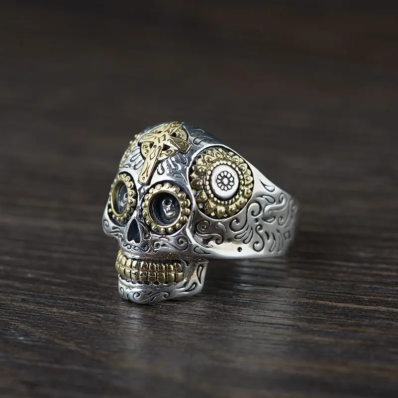 

Goldeer wangcz S925 Silver Retro Style Gold-Tone for Copper Thai Silver Men's Skull Closed Ring