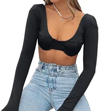 

Women Sexy Crop Tops, Solid Color Low Cut Long Sleeve T-shirt Showing Belly Button Clubwear