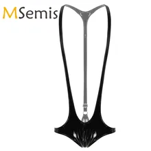 Мужской Цельный купальник из лакированной кожи с эффектом мокрого вида, с открытой грудью, со спинкой-Борцовкой