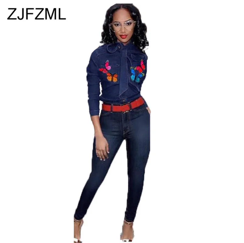 Printed Tie Bow Denim T Shirt for Women Long Sleeve Sexy Bandage Crop Tops Streetwear Causal Mujer Plus Size Harajuku Tee Shirt
