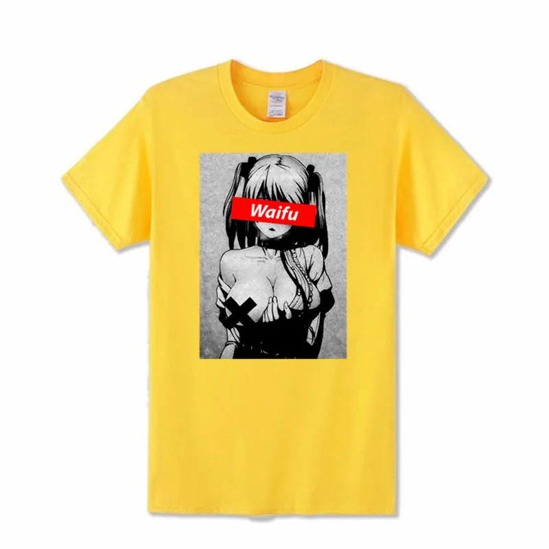 Новейшие Waifu Материал рубашка Otaku Lewd хентай милая девушка аниме Ahegao хлопок футболка для мужчин Уличная Футболка с принтом s - Цвет: Цвет: желтый