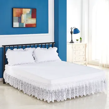 

White Lace Trimmed Elastic Bed Skirt Wrinkle Free Dust Ruffle for Twin Queen King