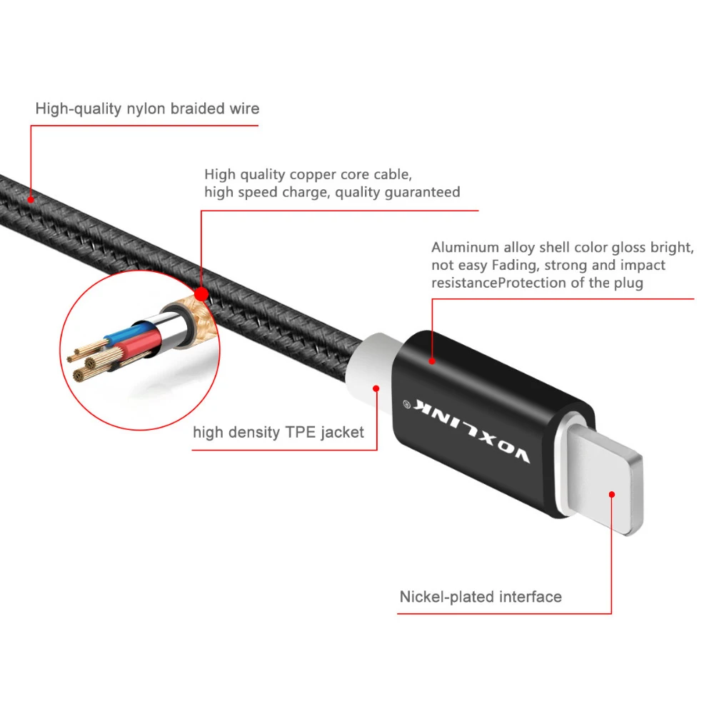 VOXLINK 8 Pin USB кабель упаковка из 10 шт. Алюминий сплава USB кабель с нейлоновой оплеткой провод для зарядки Кабели Зарядное устройство Шнур для iPhone 7,7 Plus, 6S Plus