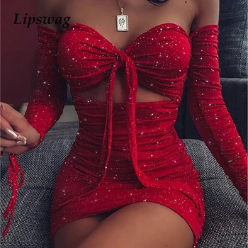 

Spring Hollow Out Strapless Shiny Party Dress Women Sexy Tie-up Bandage Bodycon Dress Fashion Long Sleeve Pleated Mini Dresses