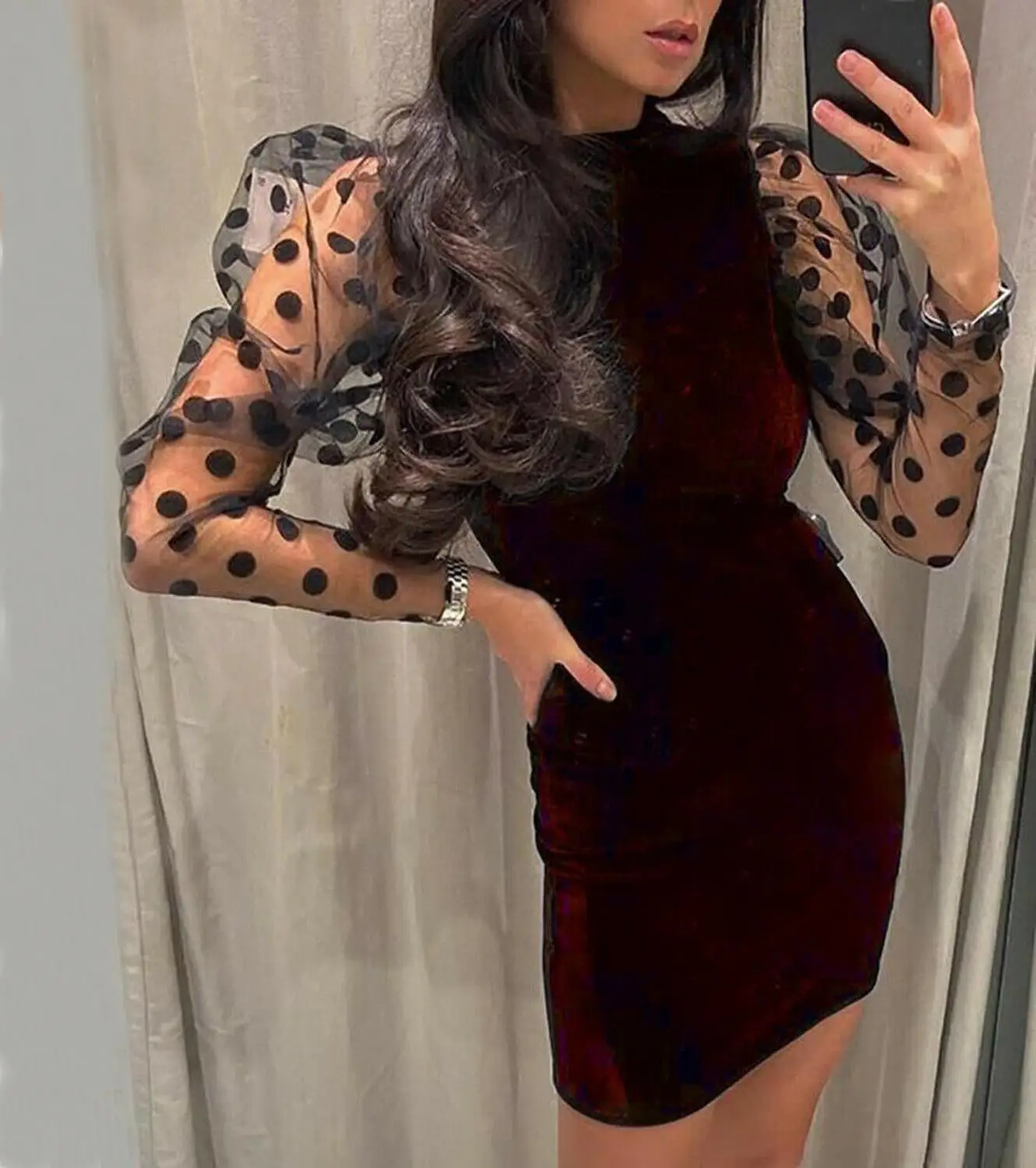 Backless Velvet Женское весенне-осеннее Сетчатое Пышное трикотажное платье в рубчик с длинным рукавом, облегающее повседневное облегающее платье в горошек, элегантная Клубная одежда, одежда для вечеринок - Цвет: Backless Velvet