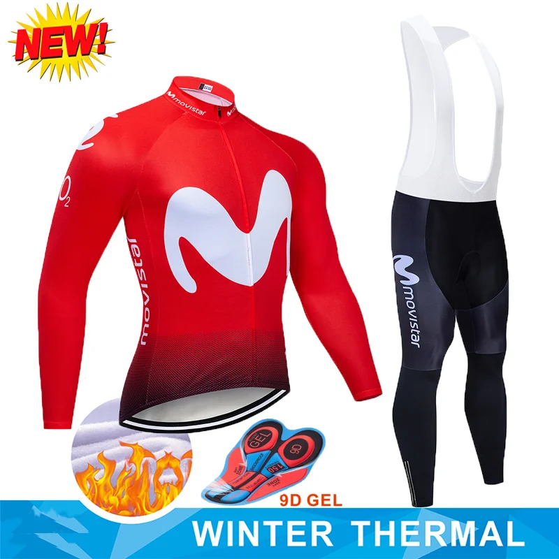 

2019 Winter Thermal Fleece Movistar Men Long Sleeve Bicycle Jersey Bicycle Cycling 9D Pad Pants Sets Clothing Cycling Bicycle