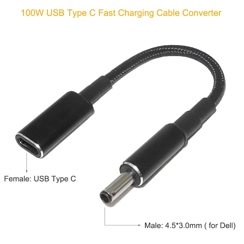 

100W USB C PD Fast Charging Cable Type C to 4.5x3.0mm Dc Plug Converter for Dell Inspiron 11 3147 13 7347 15SR-1528B Vostro 15
