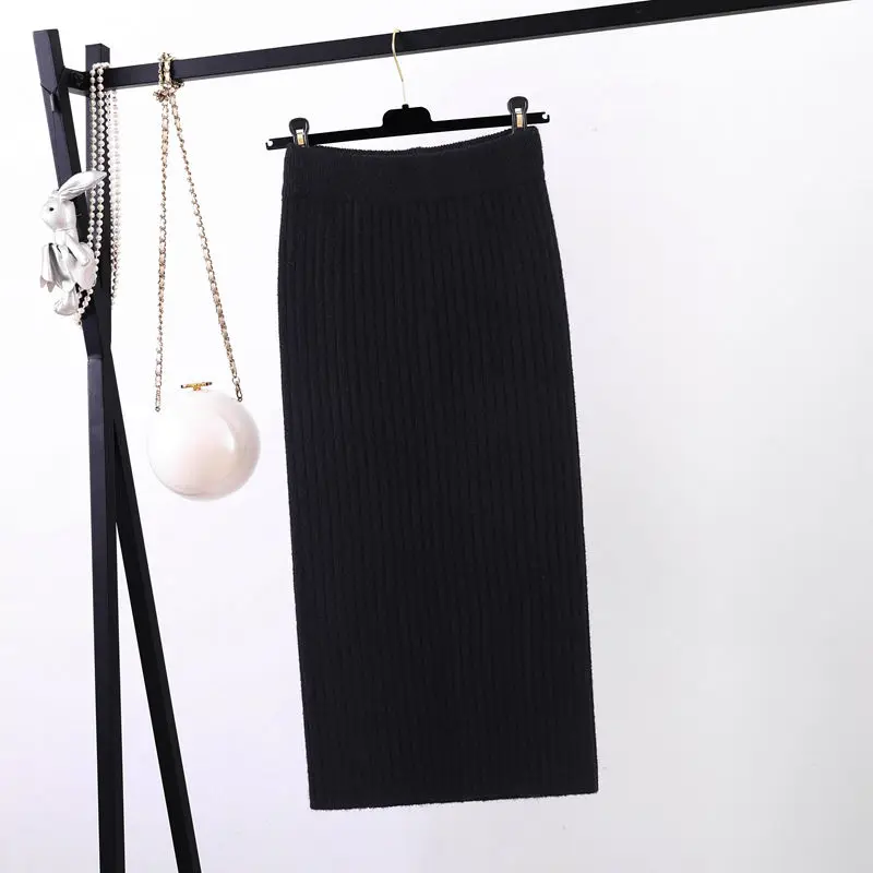Black 75cm Женская облегающая элегантная юбка-карандаш миди с разрезом сзади на осень и зиму, повседневная трикотажная юбка с высокой талией, женские юбки s Jupe Femme Faldas - Цвет: Black 75cm