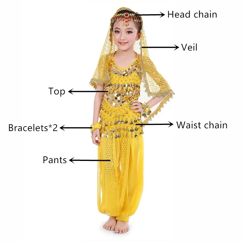 Yellow 7 pcs Детский набор костюма для танца живота Восточный танец Индийский танец Дети танец живота одежда Болливуд представление одежда сцена - Цвет: Yellow 7 pcs