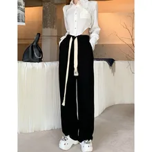 

Real shot 2021 summer thin section high waist slimming casual wide-leg pants new female loose drawstring sports trousers