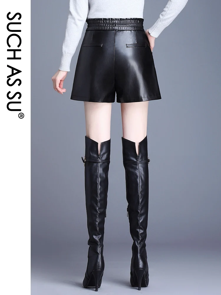 New 2020 Fall Winter PU Short Shorts Women Black Elastic High Waist Leather Shorts M-5XL Plus Size Slim Sexy Mini Short RS1001