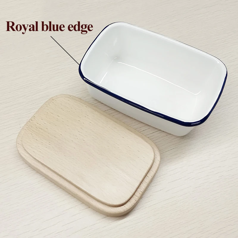 Tanie Pojemnik na masło emaliowane pojemnik na owoce pojemnik na masło nowy pojemnik na masło z drewnianą pokrywa akcesoria kuchenne