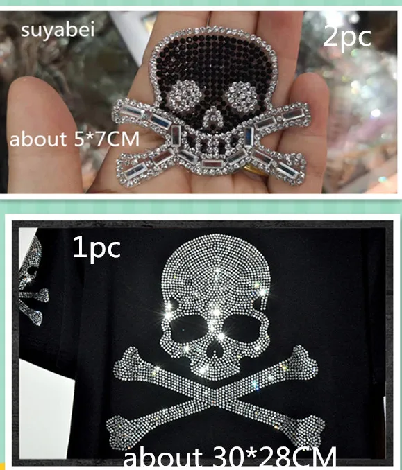 

3pc/lot Big and small Skull stass transfer applique hot fix rhinestone transfer motifs iron on applique patches for shirt
