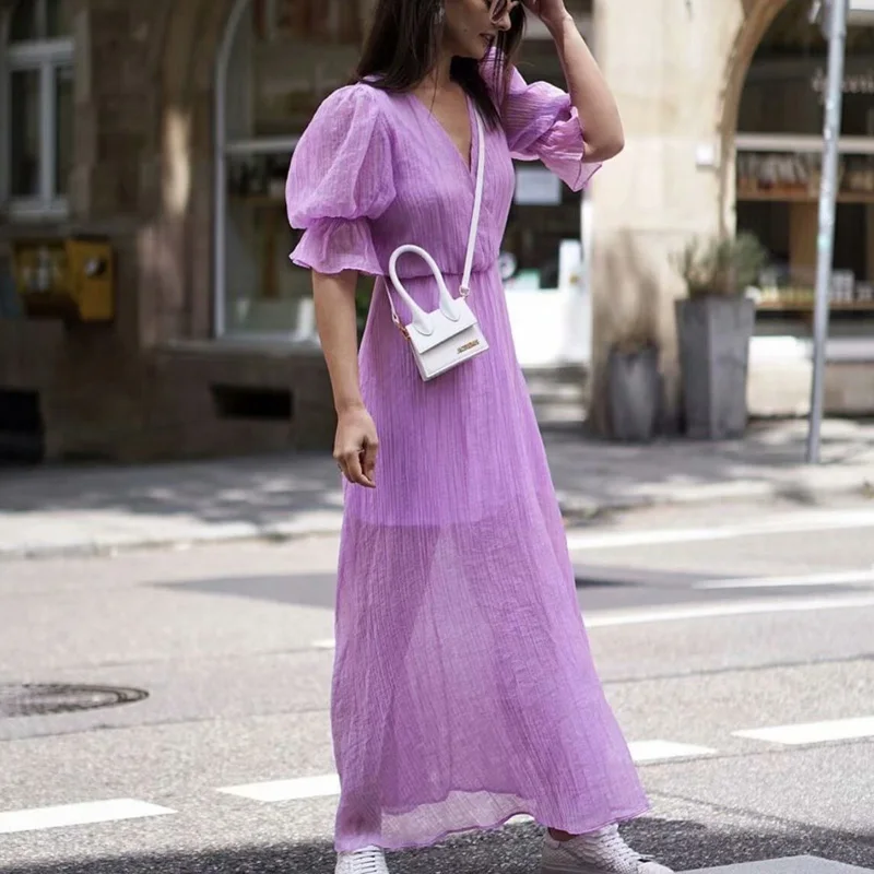 Женское винтажное плиссированное платье KUMSVAG шифоновое однотонное с v-образным