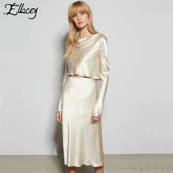 

Ellacey 2020 Early Spring Blogger Street Fashion Two Piece Set Satin Imitation Silk Long Sleeved T-shirt Satin Skirt Suit