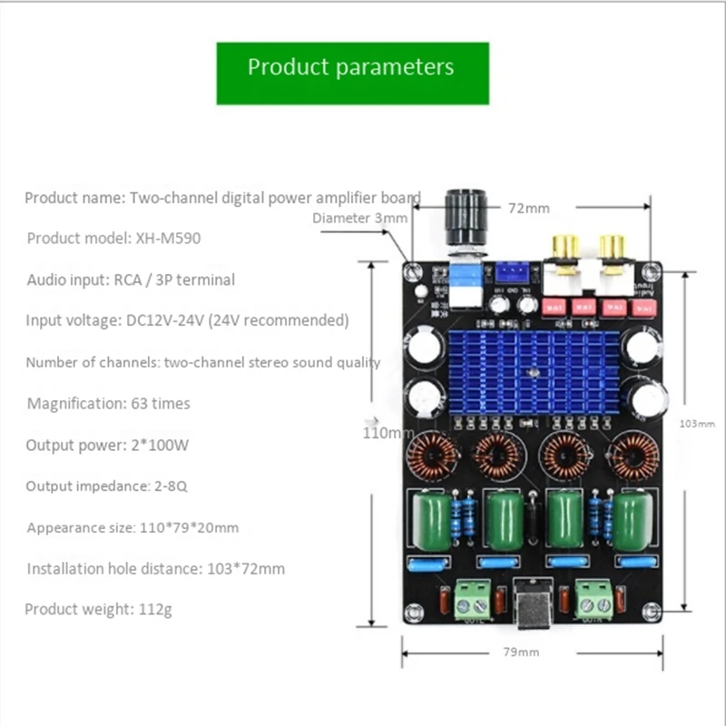 XH M590 Stereo Digital o Power Amplifier TPA3116D2 o Amplifier Board Dual 100W High Power 12 24V
