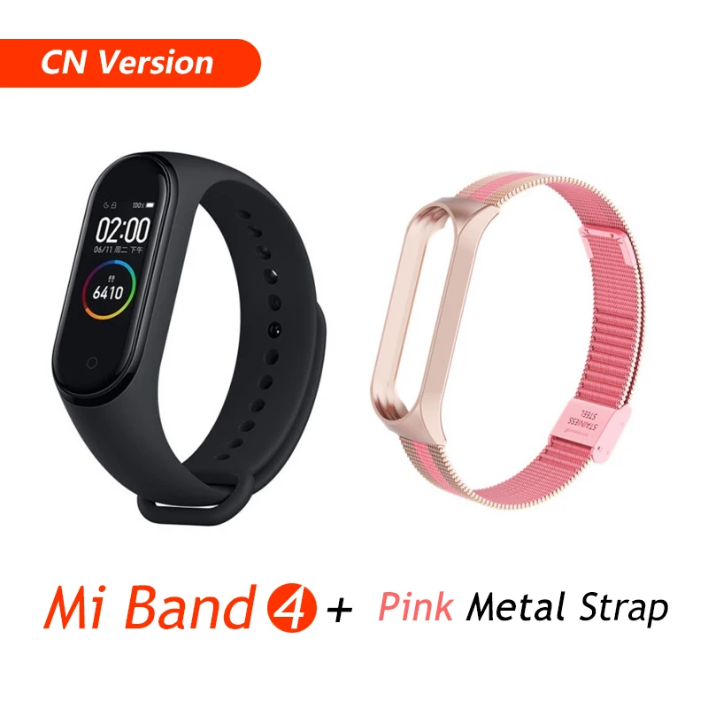 Фирменный Xiaomi mi браслет 4 браслет mi Band 4 фитнес-браслет 3 цвета AMOLED экран музыкальный контроль Smartband - Цвет: CN Add Pink Metal