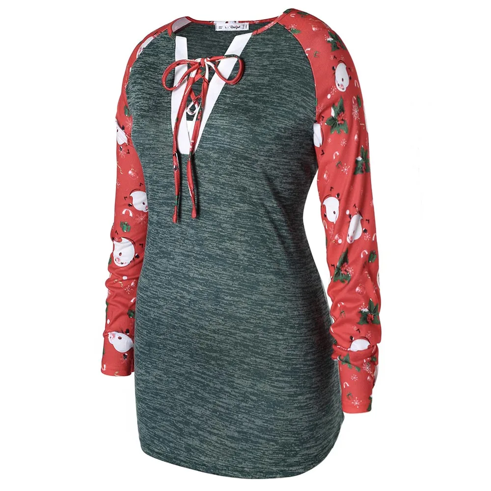 ROSEGAL/большой размер, Рождественская Футболка с принтом, с длинными рукавами и v-образным вырезом, пуловер с воротником, осенняя мода, повседневный стиль для женщин