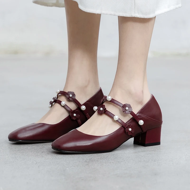 

Brand Quality Party Pumps Spring Summer Bead Girl Mature Leather Round Toe Square Heels Wedding Women Shoes