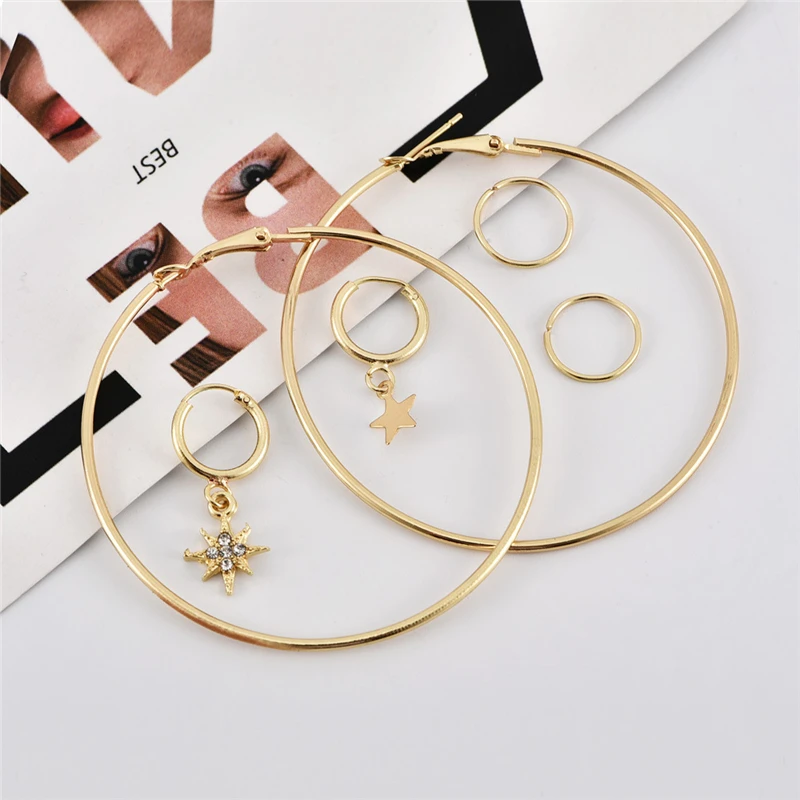 

Elegant Fashion 5Pcs/1Set Star Moon Gold Ear Stud/Earring Simple Big Hollow Ear Jewelry Exquisite Women Big/Small Round Earring
