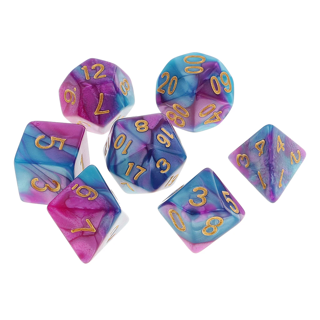 B-Purple Blue 7 шт многогранные кости для подземелий и драконов DND Dados RPG MTG настольная игра D20 D12 D10 D8 D6 D4 набор разноцветных кубиков и кубиков - Цвет: B-Purple Blue