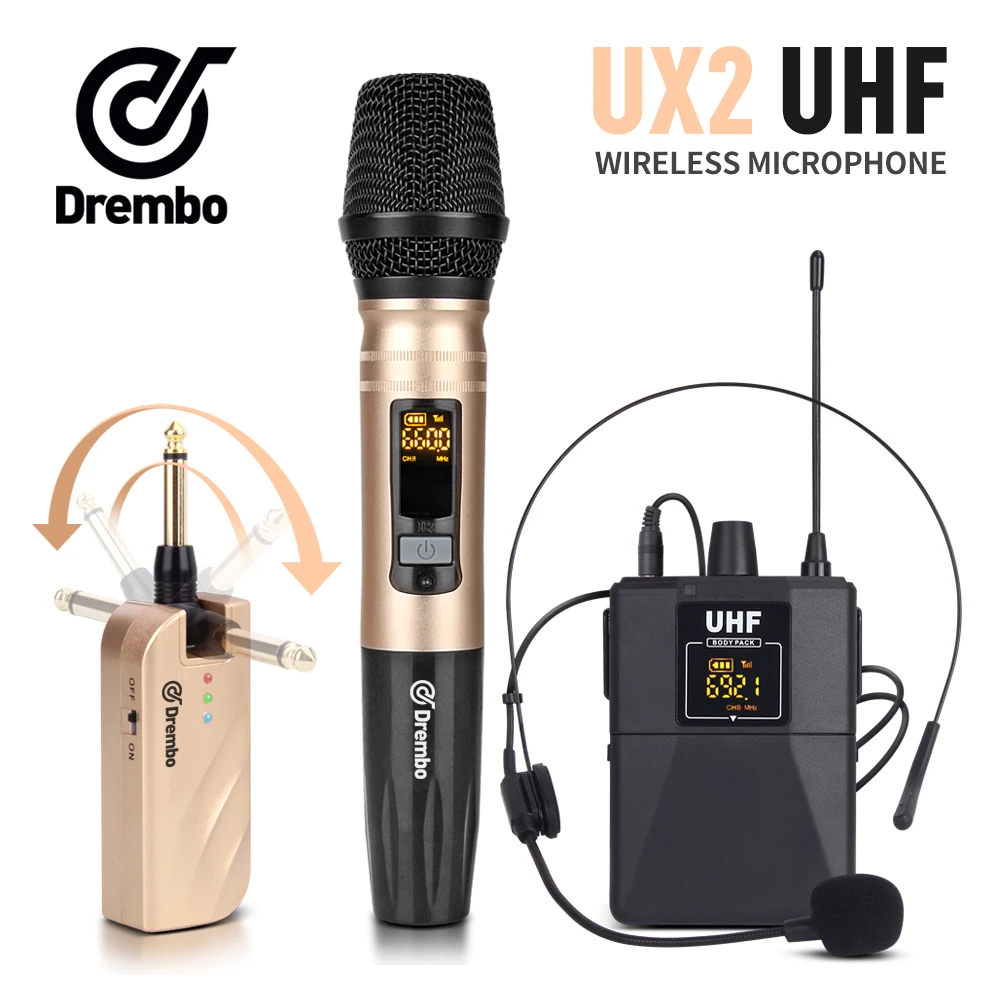 Drembo mini 2 канальный переносной беспроводной микрофон с ручным или петличный и гарнитура микрофон UHF Регулируемая частота для караоке