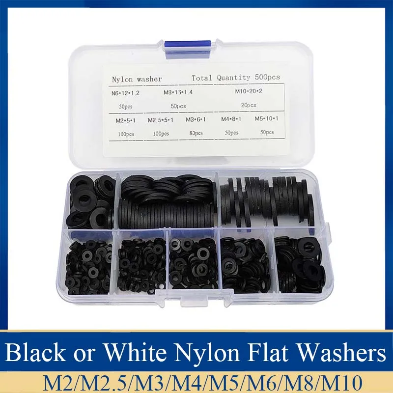 350pcs Black Nylon Flat Washer Assortment Car Accessories M2/M2.5/M3/M4/M5/M6/M8