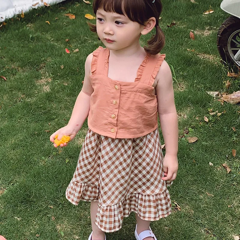 

Baby 3-7T Girls Summer Summer Sweet Skirt Suit Solid Color Sling Tops With Casual Plaid Skirt Two-piece