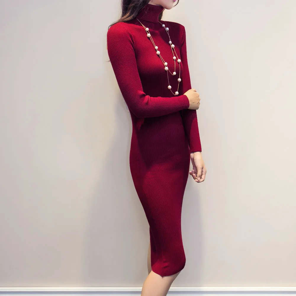 Wine Red Wipalo Тонкое трикотажное платье, платье-водолазка, водолазка с длинным рукавом осень-зима - Цвет: Wine Red