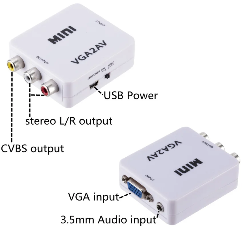 Grwibeou Mini VGA to AV RCA Converter Adapter with 3.5mm Audio Support HD 1080P VGA2AV RCA Converter PC to TV HD Computer TV vga to av converter