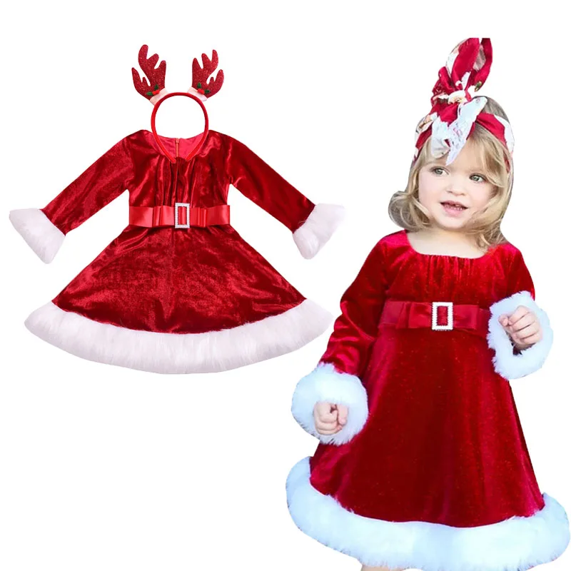 Рождественское платье для девочек красное платье для маленьких девочек бархатные плюшевые вечерние платья принцессы на Рождество для девочек, новогодние платья для девочек