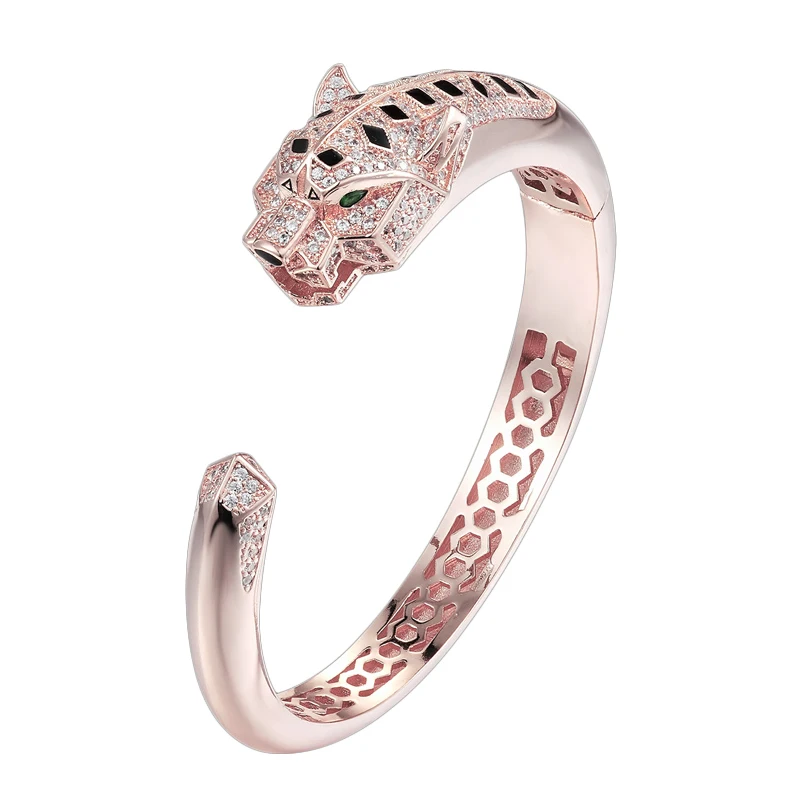 Rose Gold Bangle Хип-хоп зеленый глаз браслет в форме тигра и кольцо высокое качество роскошные животные модель пантера Свадебные Ювелирные наборы для женщин мужчин подарок - Окраска металла: Rose Gold Bangle