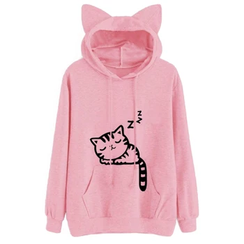 

2019 Cartoon Cat Printed Hooded Pullover For Women Casual Long Sleeve Cotton Hoodies Multicolor Loose Hoody Sweat Shirt