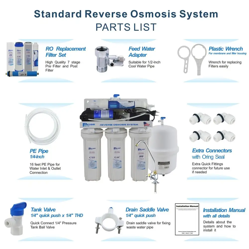 Kualitas tinggi! Rumah Tangga 5-tahap Under-Sink Air Reverse Osmosis Sistem Filtrasi-50GPD/100-240 V/Dua pin bulat steker
