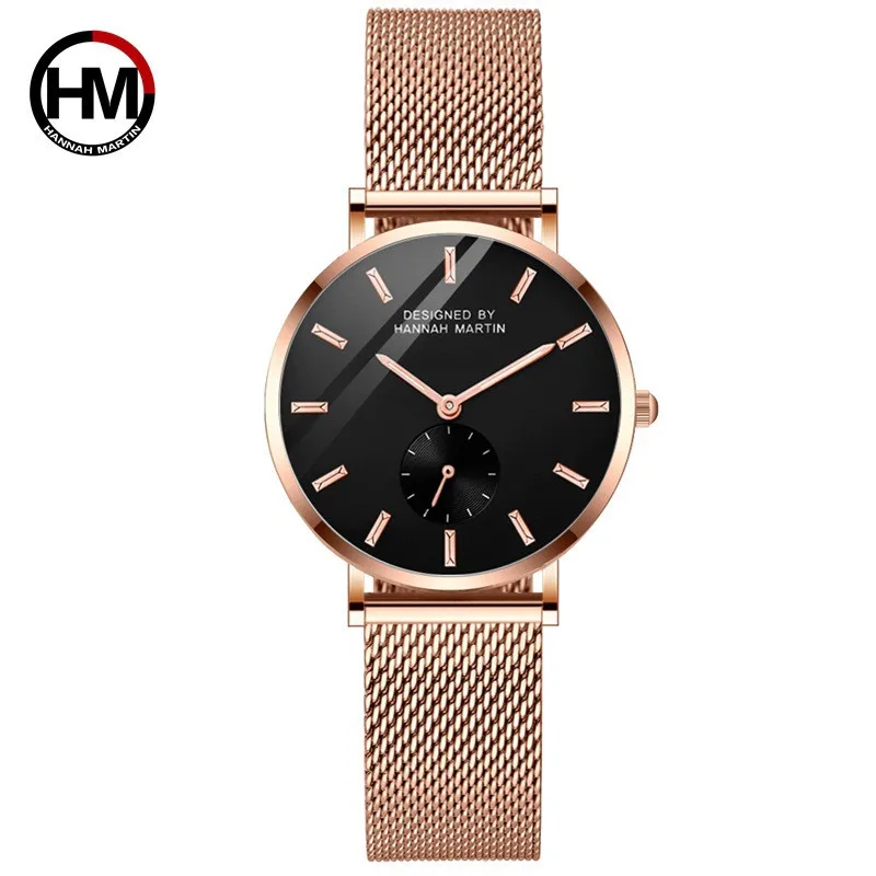 Gold-Black HANNAH Martin Роскошные модные элегантные женские часы кварцевые часы многофункциональные маленькие трехконтактные дизайн ремешок из нержавеющей стали женские часы reloj mujer - Цвет: Gold-Black