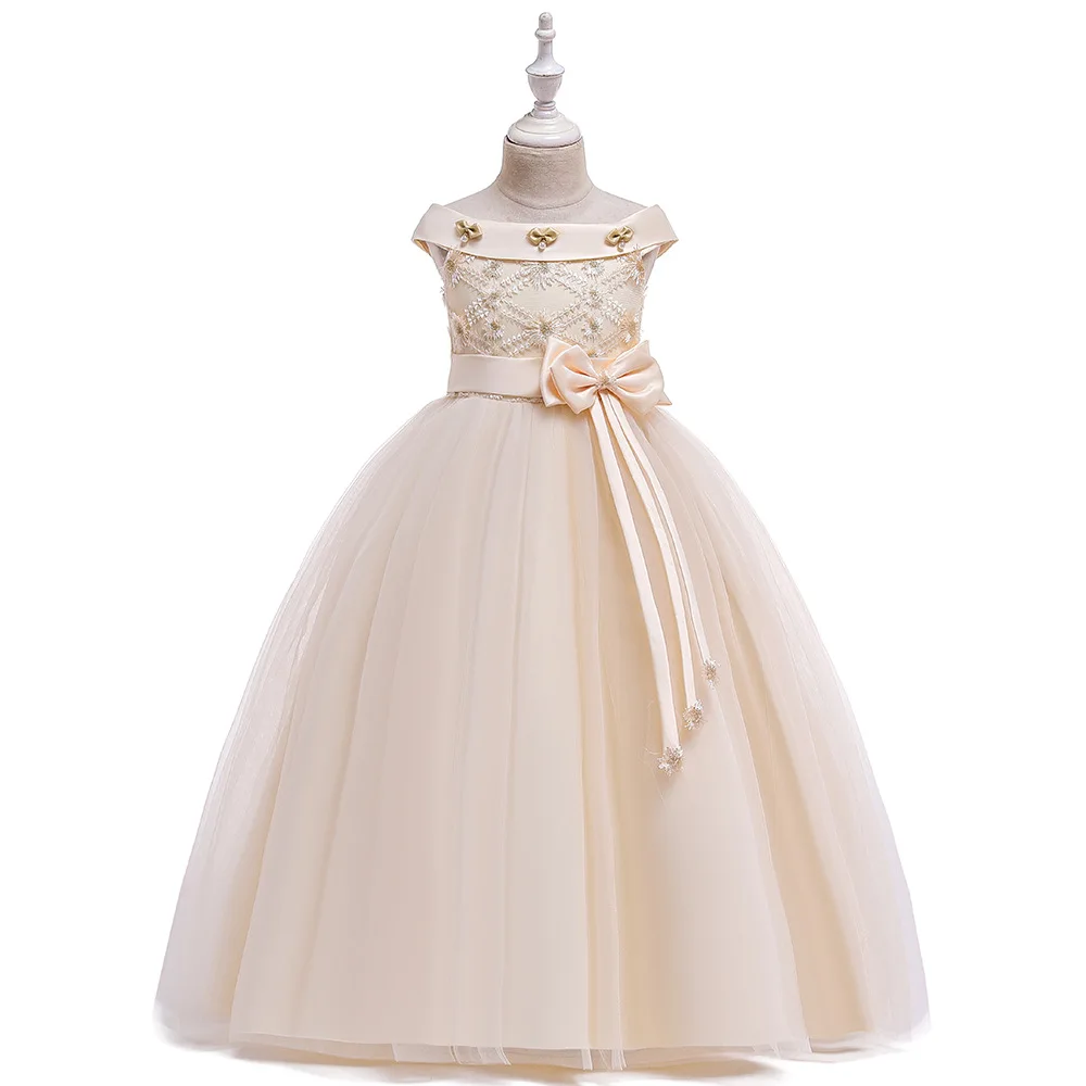 

New Flower Girl Dress Word Shoulder Bow Host Evening Dress Child Dress Piano Performance Dress Princess Skirt